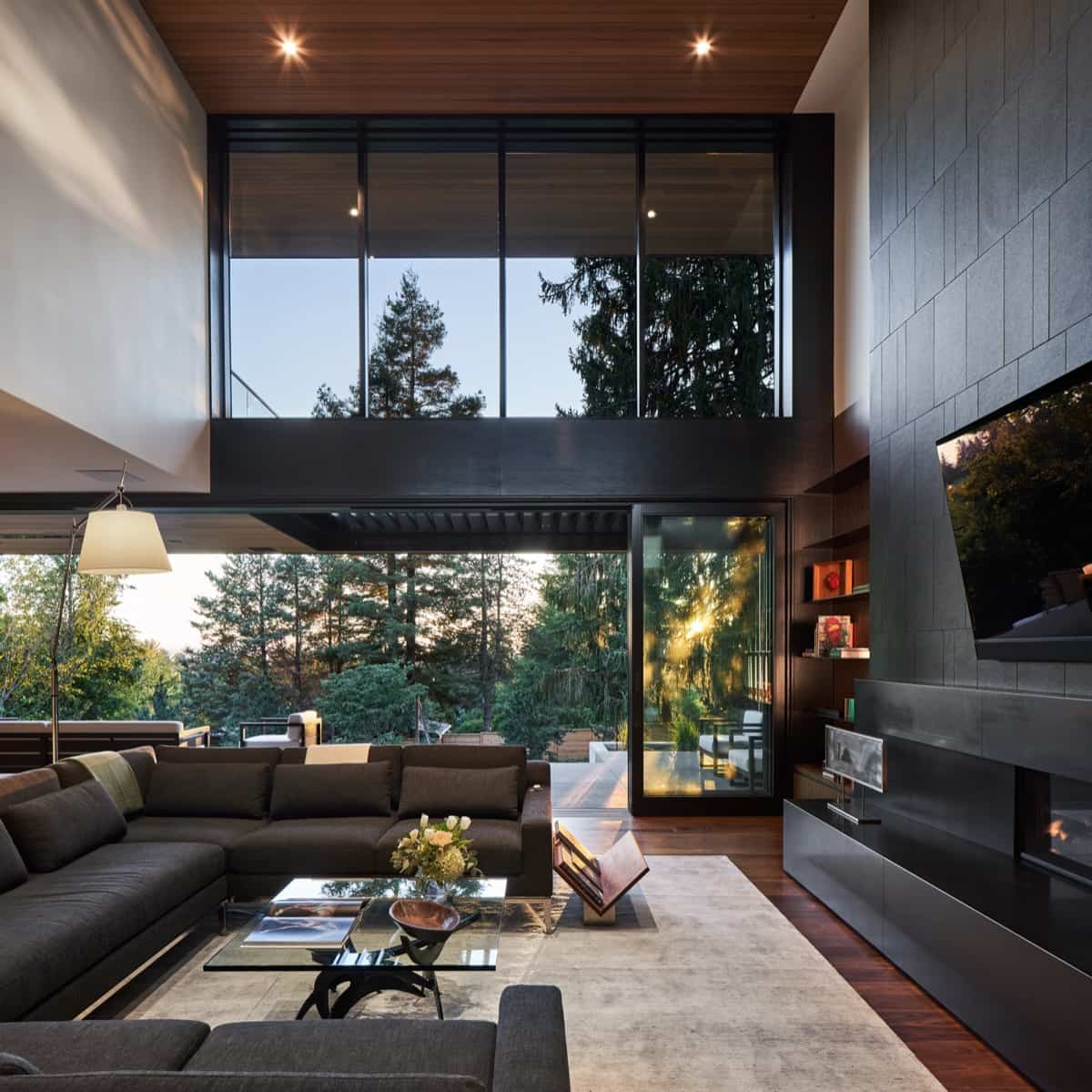 living room of a newly constructed modern custom home in portland