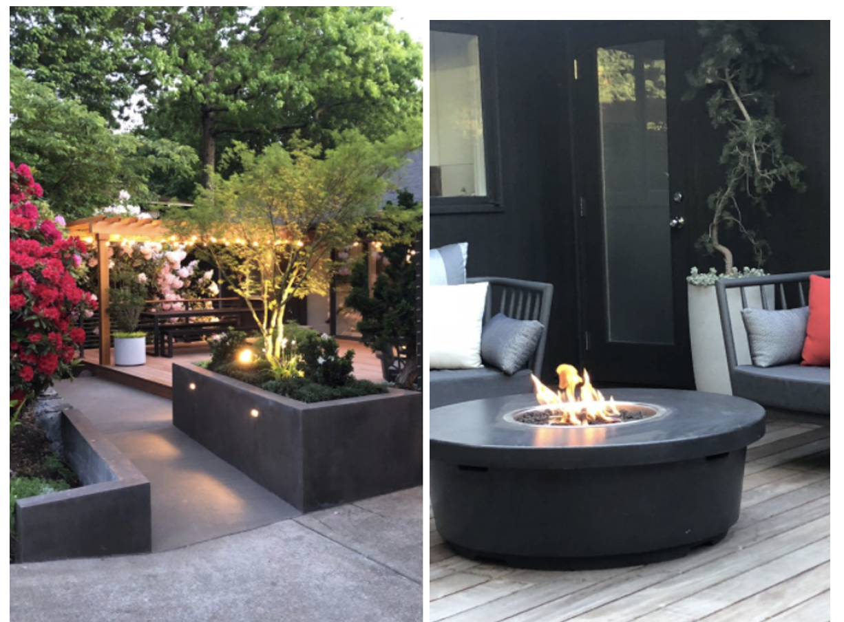 outdoor living room with concrete flooring and black doors